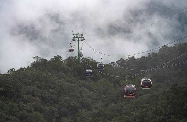 Experience the mysterious and marvellous foggy hilly landscape of Ba Na Hills in Da Nang, Vietnam, where cable cars pass by in the sky. This enchanting scene captures serene beauty and breathtaking views.