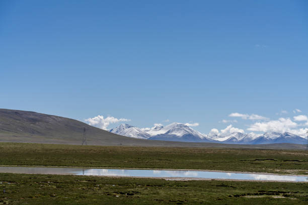 Plateau meadow and lake under blue sky and white clouds