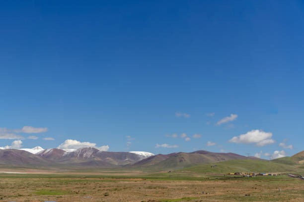 Snow-capped mountains and meadows on the plateau under blue sky and white clouds