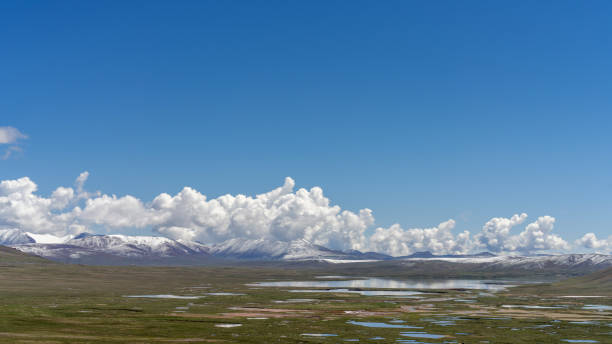 Plateau meadow and lake under blue sky and white clouds