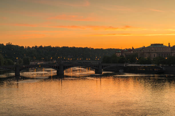 Aerial view of Stare mesto district of Prague city during sunset, Czech Republic