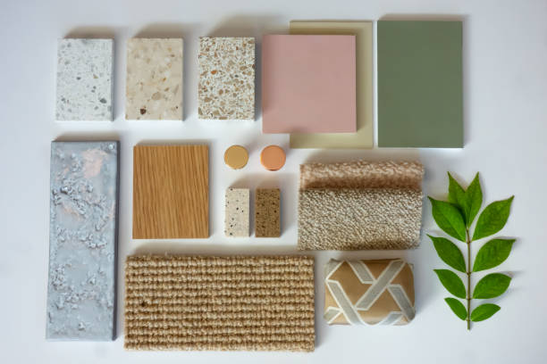 istock Eclectic Interior Design Material Sample Board from Above with Fabrics, Terrazzo, Wood, and Ceramic Tiles for Home Decoration Mood Board Concept 2158702742