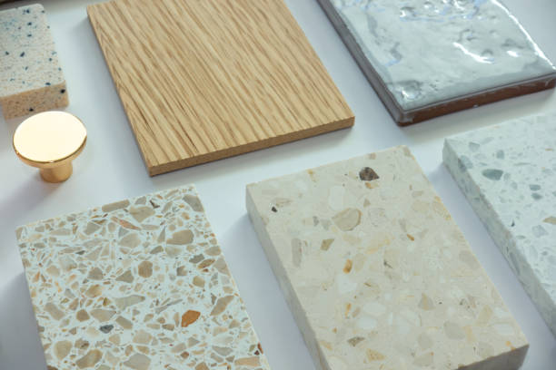 istock Modern Interior Design Material Sample Board with Terrazzo, Wood, and Ceramic Tiles for Mood Board and Home Decor and Renovation Concept 2158702744