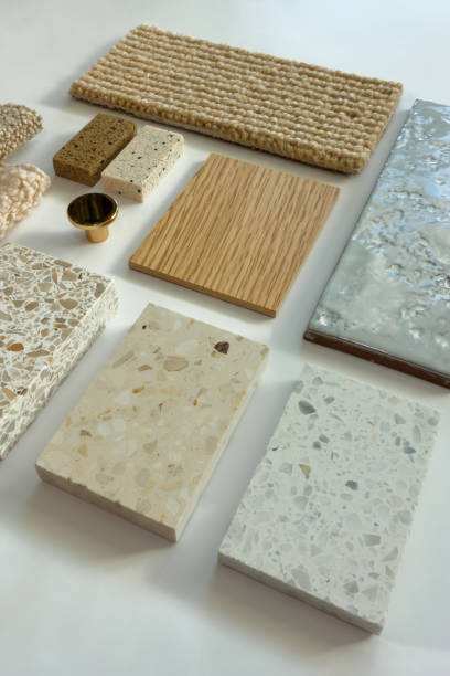 istock Eclectic Interior Design Material Sample Board with Fabrics, Terrazzo, Wood, and Ceramic Tiles for Home Decoration Mood Board Concept 2158702773