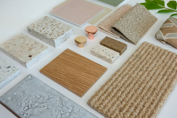 istock Eclectic Interior Design Material Sample Board with Fabrics, Terrazzo, Wood, and Ceramic Tiles for Home Decoration Mood Board Concept 2158702782