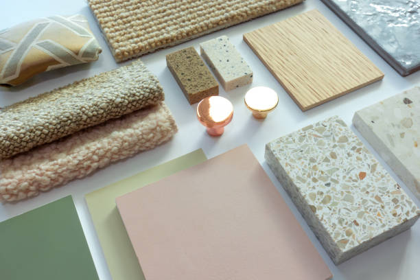 istock Eclectic Interior Design Material Sample Board with Fabrics, Terrazzo, Wood, and Ceramic Tiles for Home Decoration Mood Board Concept 2158702931