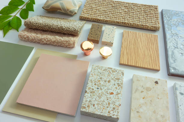 istock Eclectic Interior Design Material Sample Board with Fabrics, Terrazzo, Wood, and Ceramic Tiles for Home Decoration Mood Board Concept 2158702933