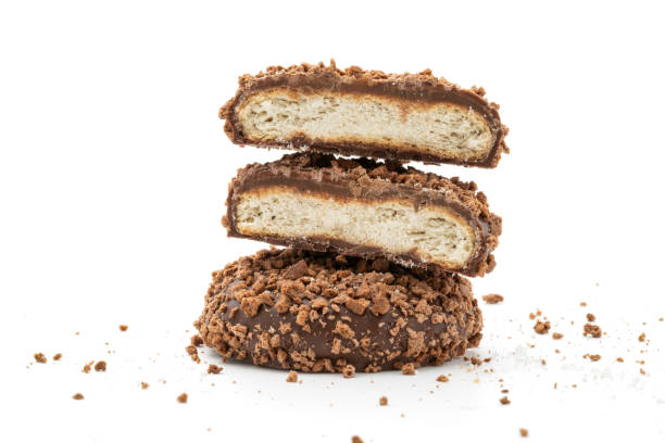 Biscuit coated with chocolate isolated on white background.