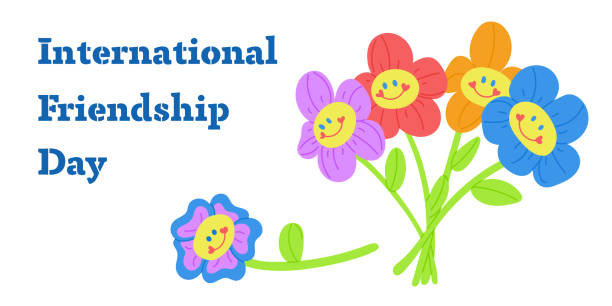 Flat Happy International friendship day banner Flat Happy International friendship day banner with retro bunch of flowers from 2000s. Colorful horizontal poster in flat style and neon colors on white background. Retro design in y2k style Friendship Day 2024 stock illustrations