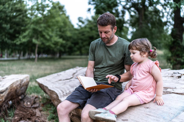 istock Father and daughter reading a book in the park 2158705056
