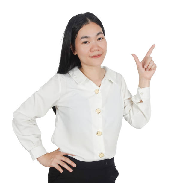 istock Friendly smiling business woman hand pointing to the left 2158705929