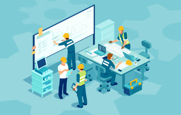 illustrazioni stock, clip art, cartoni animati e icone di tendenza di vettore di tecnici e ingegneri che si incontrano per discutere il miglioramento della macchina e la pianificazione della manutenzione nella sala conferenze. concetto di lavoratori industriali - caposquadra