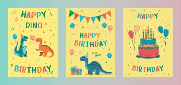 childrens cute dinosaur greeting card . Birthday cake, with balloons ans funny dinosaur A set of three colorful birthday cards featuring cartoon dinosaurs, party decorations, and birthday cake. Each card has a different design and features a unique dinosaur illustration. The cards are perfect for a childs birthday party. dinosaur birthday stock illustrations