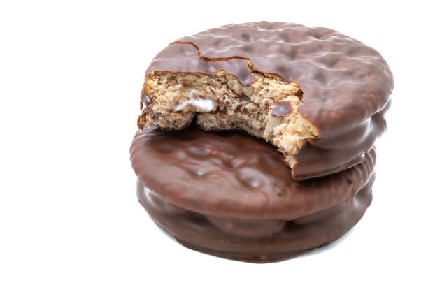 istock Dark chocolate coated digestive marshmallow biscuit sandwich isolated on white background. 2158709306
