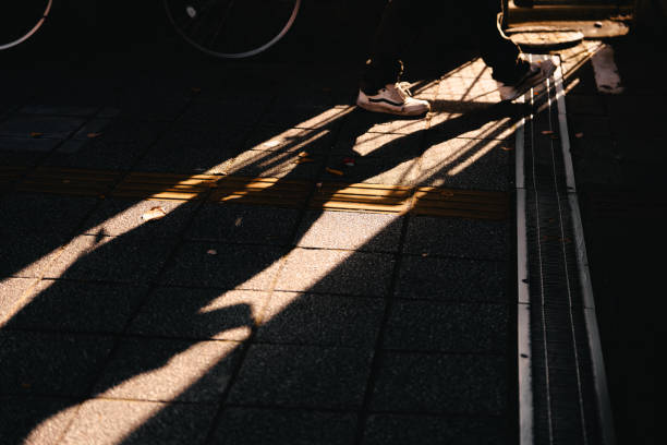 Close-up of the Zebra crossing in the street at night in Nagoya, Japan. Japan cityscape, street scene. Travel concept.