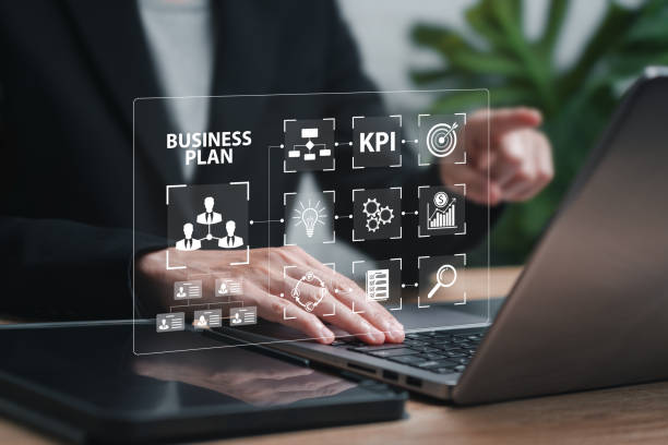 istock Business plan and process objectives, Innovation Operations Management concept, Businesswomen use laptop planning workflow and human management, KPI, financial, Marketing target, goal setting 2158713112