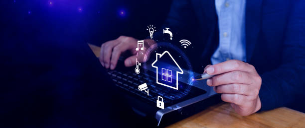 istock Smart home technology, User touches virtual screen manage smart home features including security, lighting, temperature, Smart home and Iot concept. 2158713724