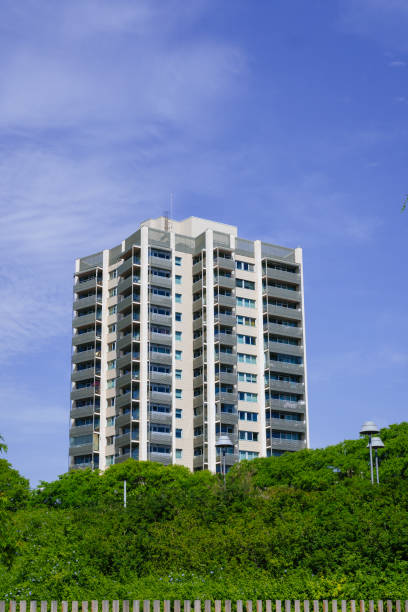 A white residential skyscraper dominates the landscape against a clear blue sky, offering a stark contrast to the green urban park below