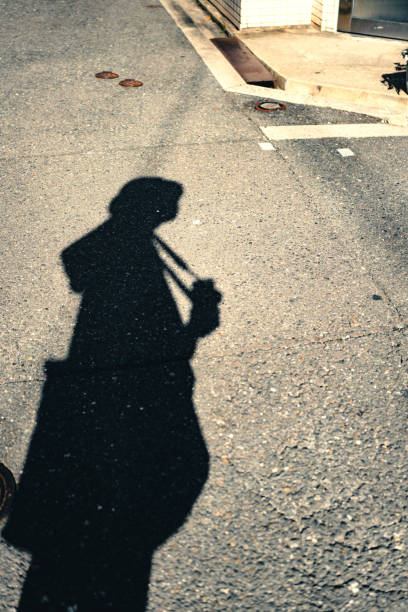 Shadows and silhouettes of a person walking in motion blur and trees in autumn sunset sunlight on city street sidewalk