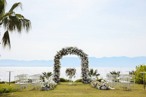 istock Beautiful wedding arch on the beach 2158726094
