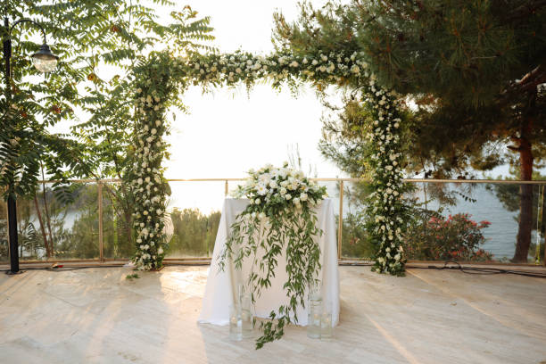 istock Beautiful wedding arch on the beach 2158727854
