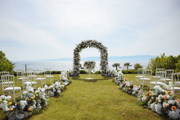 istock Beautiful wedding arch on the beach 2158728038