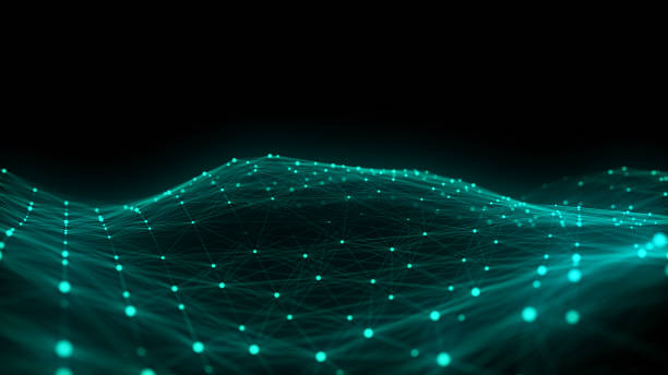 istock Futuristic moving wave. Digital background with moving glowing particles and lines. Big data visualization. 3d rendering 2158729107