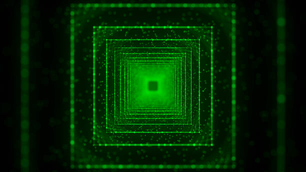 istock Cyber square tunnel consisting of moving glowing points. Futuristic infinite space background. Concept of data transfer in cyberspace. Hi-tech illustration. 3d rendering 2158729336