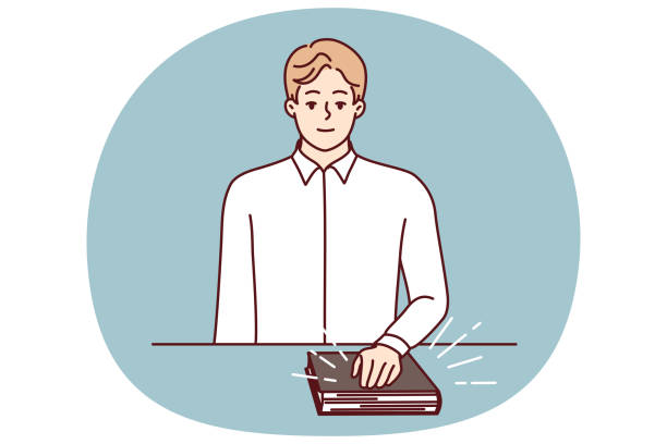 Man swears with hand on bible to reflect honesty and absence of selfish thoughts Man swears with hand on bible to reflect honesty and absence of selfish thoughts. Politician swears standing near constitution for concept of oath in employment for high-ranking position book dedication stock illustrations