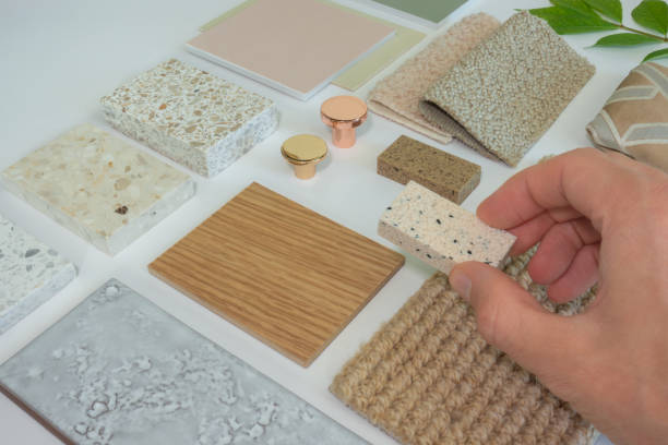 istock Interior architect and designer placing material swatch on a sample board for a natural Scandinavian interior architecture scheme 2158734422