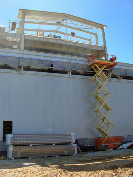 istock Construction site with a building being assembled using PIR sandwich panels and a scissor lift. 2158737702