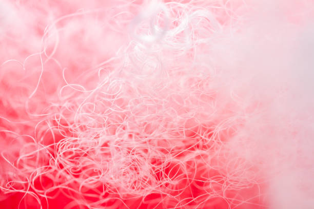 istock Extreme macro of polyester stable fiber on red background 2158740589