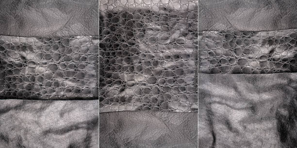 Collection of images with black leather textures background. Abstract vintage natural cow skins backdrop. Different leather stripes.