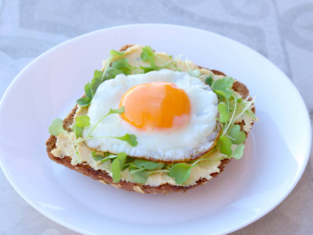 Seed brown bread slice with hummus, micro green and fried egg.
