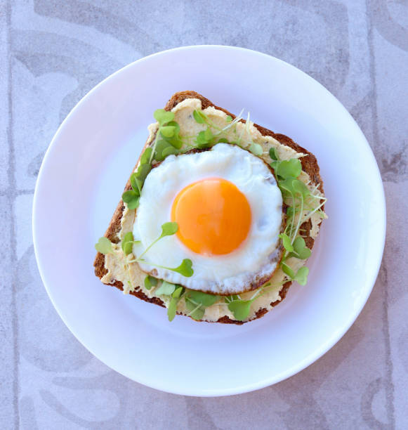 Seed brown bread slice with hummus, micro green and fried egg.