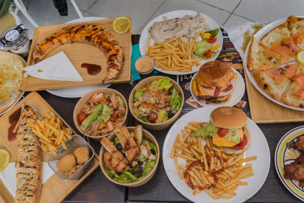 An assortment of fast food in a  restaurant