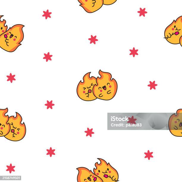 Control Cute Fire Cute Kawaii Little Fire Seamless Pattern Cartoon Flame Characters Hand ...