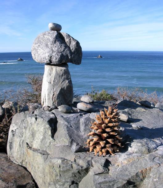 Stack of stones and pinecone overlooking the ocean