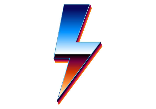 istock Chrome lightning sign in 80s synthwave style. Isolated retrowave lightning bolt symbol, or icon 2158752390