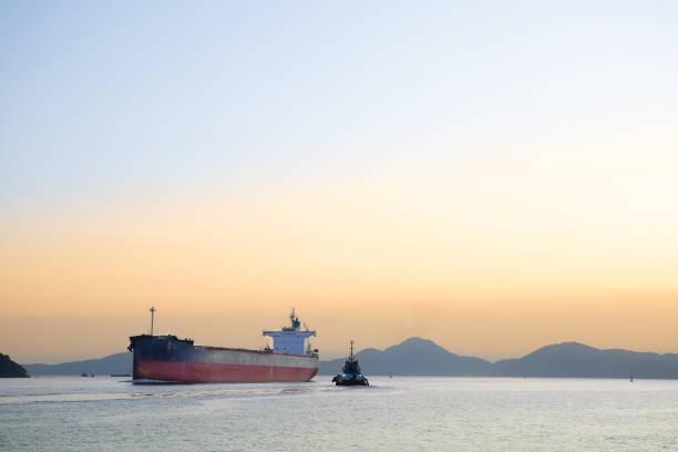 Cargo ship entering the port of Santos while a tugboat accompanies.