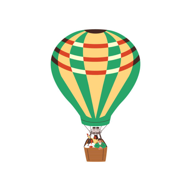 Vector illustration of a floating hot air balloon with characters. Summer hot air balloon adventure. Adorable vector illustration with characters riding a colorful hot air balloon. Flat vector illustration on isolated background for design. cappadocia balloon stock illustrations