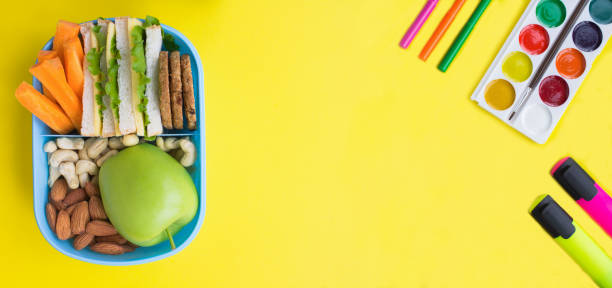 istock Lunch box and school stationary on the yellow background. Top view. Copy space. 2158763888