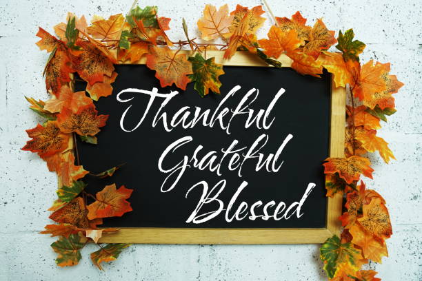 Thankful, grateful and blessed inspirational words  with maple leaf decoration