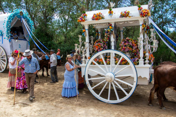 Almonte, Huelva, Spain. 05/16/2024.  Group of pilgrims on foot following the ox cart at the entrance to Almonte, during the pilgrimage of the Romería del Rocio.