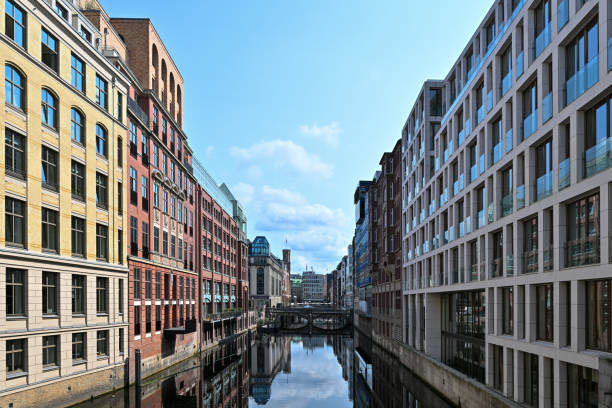 Historic facades in the city center at the Bleichenfleet canal in Hamburg, Germany.