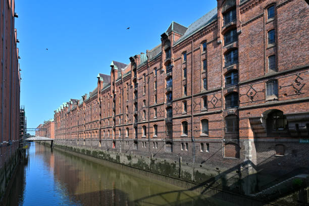 View of famous Hamburg Speicherstadt warehouse district on a sunny day in summer, Hamburg, Germany