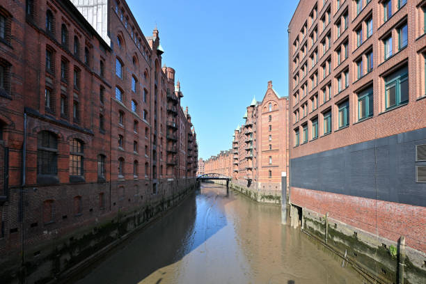 View of famous Hamburg Speicherstadt warehouse district on a sunny day in summer, Hamburg, Germany