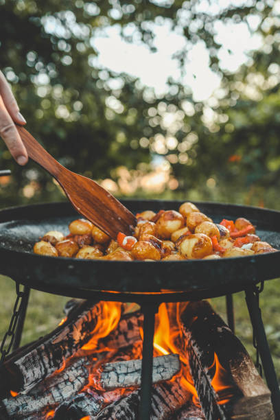 istock Potatoes with meat fried on fire, picnic in nature 2158774996