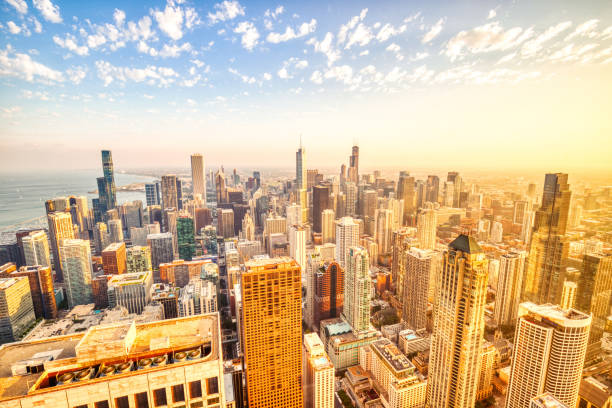 istock Chicago Aerial Skyline View at Sunset 2158777731