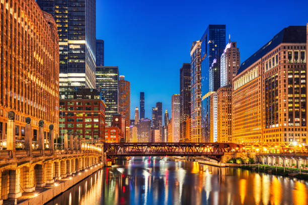 istock Chicago Downtown Cityscape with Chicago River at Dusk 2158778008